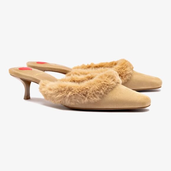 NEW LARROUDE Handmade In Brazil Suede Amal Faux Fur Kitten Heel Mules 925 13t7 - Picture 2 of 8